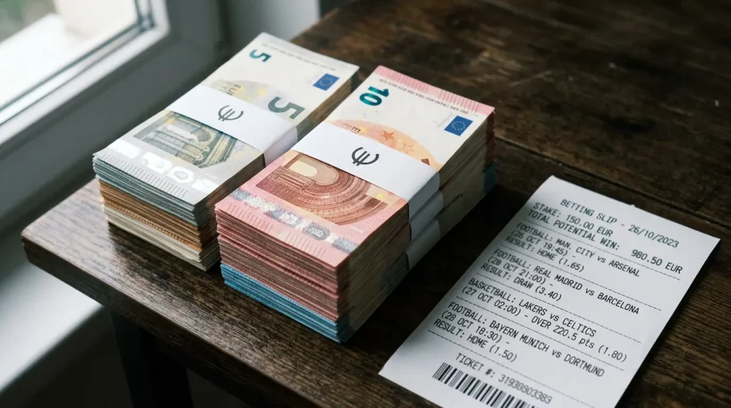 Geordnete Euro-Geldscheine in Stapeln neben einem Wettschein als Symbol für kontrolliertes Bankroll Management