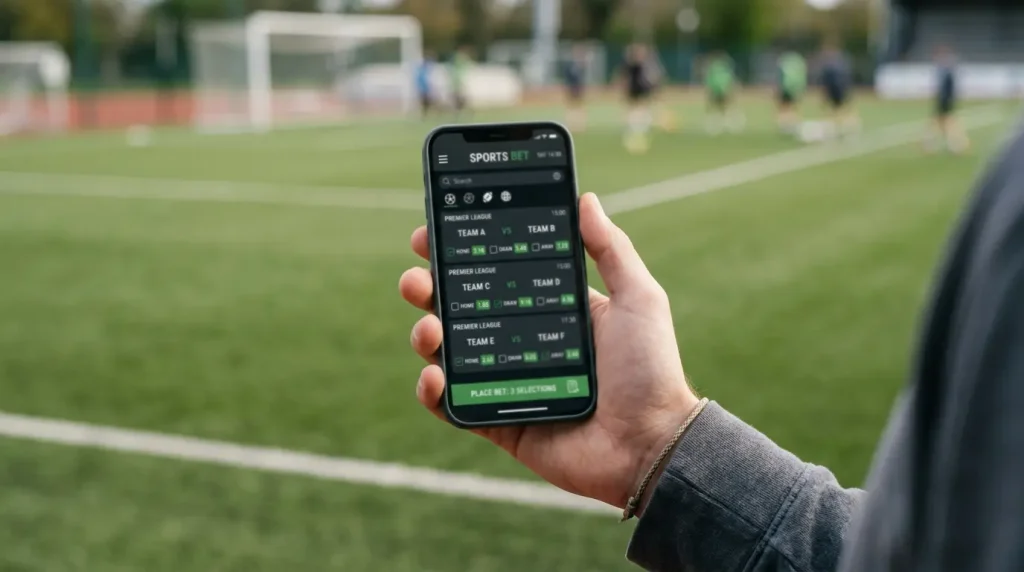 Smartphone mit geöffnetem Bet-Builder-Wettschein und mehreren kombinierten Fußballwetten