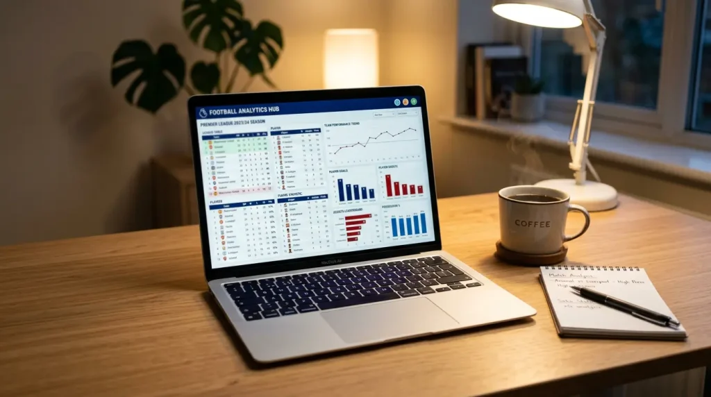 Laptop mit geöffneter Fußball-Statistikseite und Kennzahlen für die Wettanalyse