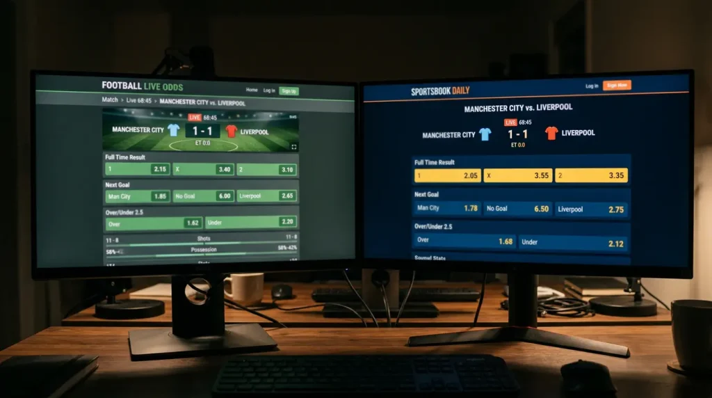 Zwei Bildschirme mit unterschiedlichen Buchmacher-Quoten für dasselbe Fußballspiel