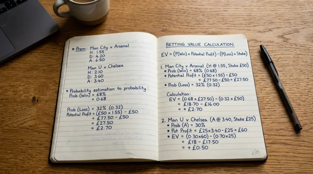 Notizbuch mit EV-Formel und Quotenvergleich für eine Fußball-Value-Bet-Analyse