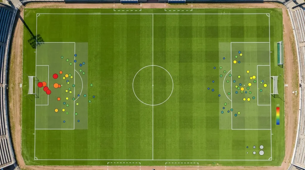 Fußballfeld mit eingeblendeten xG-Werten an verschiedenen Schusspositionen
