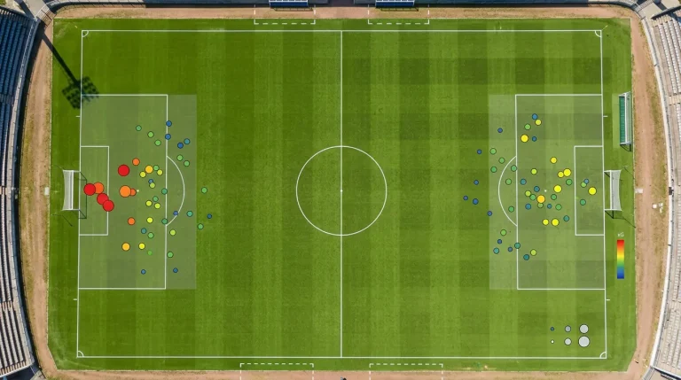 Fußballfeld mit eingeblendeten xG-Werten an verschiedenen Schusspositionen